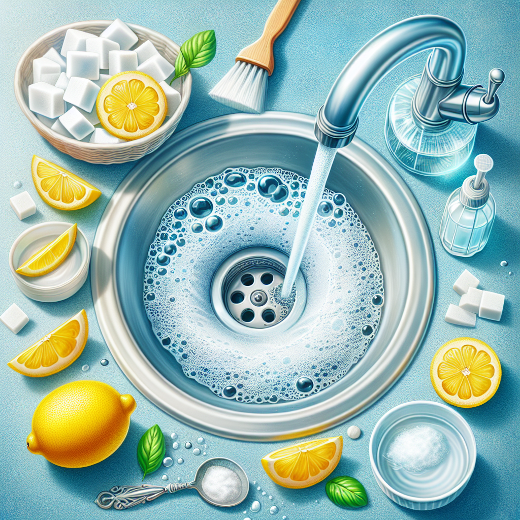 A bright, clean kitchen sink drain where white baking soda is visibly bubbling gently after clear vinegar has been poured into it. Fresh lemon slices or a whole lemon are placed neatly beside the sink, conveying a natural cleaning solution. Realistic and fresh style, vibrant colors.