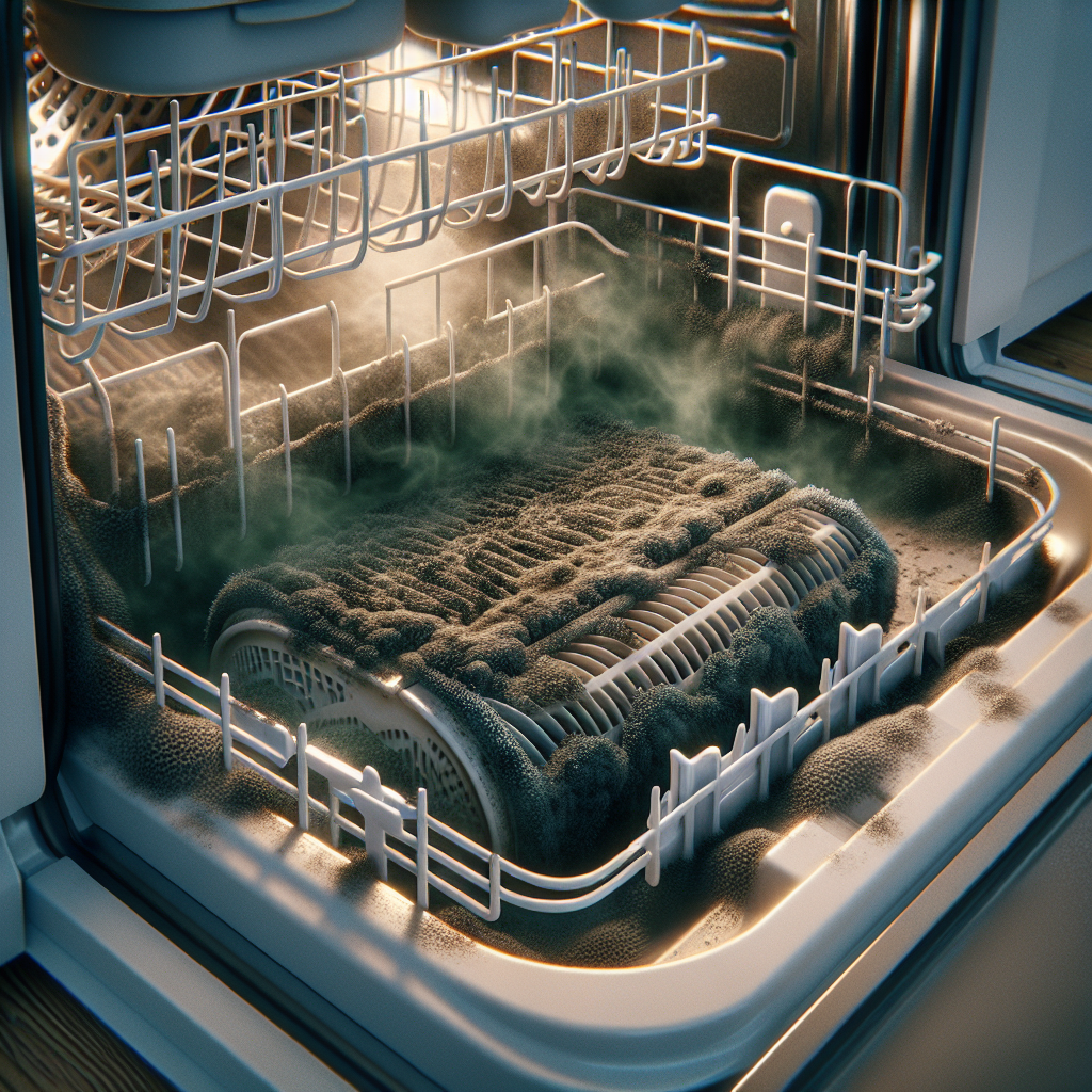 A close-up, slightly low-angle shot inside a domestic dishwasher, focusing on the bottom. The filter is visibly caked with dried food residue and some dark grime around the edges. The door seals show signs of dirt and mildew buildup, suggesting an unpleasant odor. A subtle, hazy, slightly greenish vapor might be subtly swirling near the filter area. Realistic, photorealistic, with natural lighting.