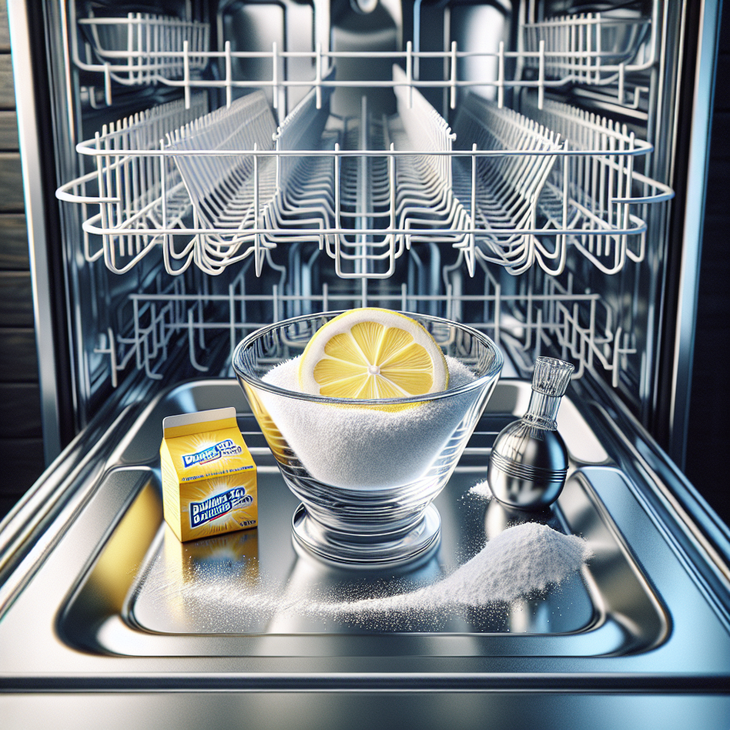 A pristine, sparkling clean interior of a modern dishwasher, with gleaming stainless steel racks and a spotless, dry surface. A small, elegant glass bowl containing baking soda (Natron) and a few fresh lemon slices are neatly placed on the bottom rack, symbolizing effective home remedies for freshness. Bright, clean, and inviting atmosphere, realistic, photorealistic.