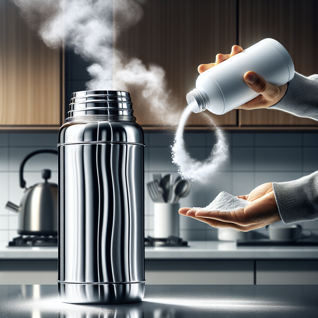 A close-up shot of a sleek stainless steel thermos, subtly emitting faint, wavy lines to represent an unpleasant odor. A hand is gently pouring white baking soda powder into the opening of the thermos, with hot water vapor rising. The background is a clean, modern kitchen, focusing on the act of cleaning.