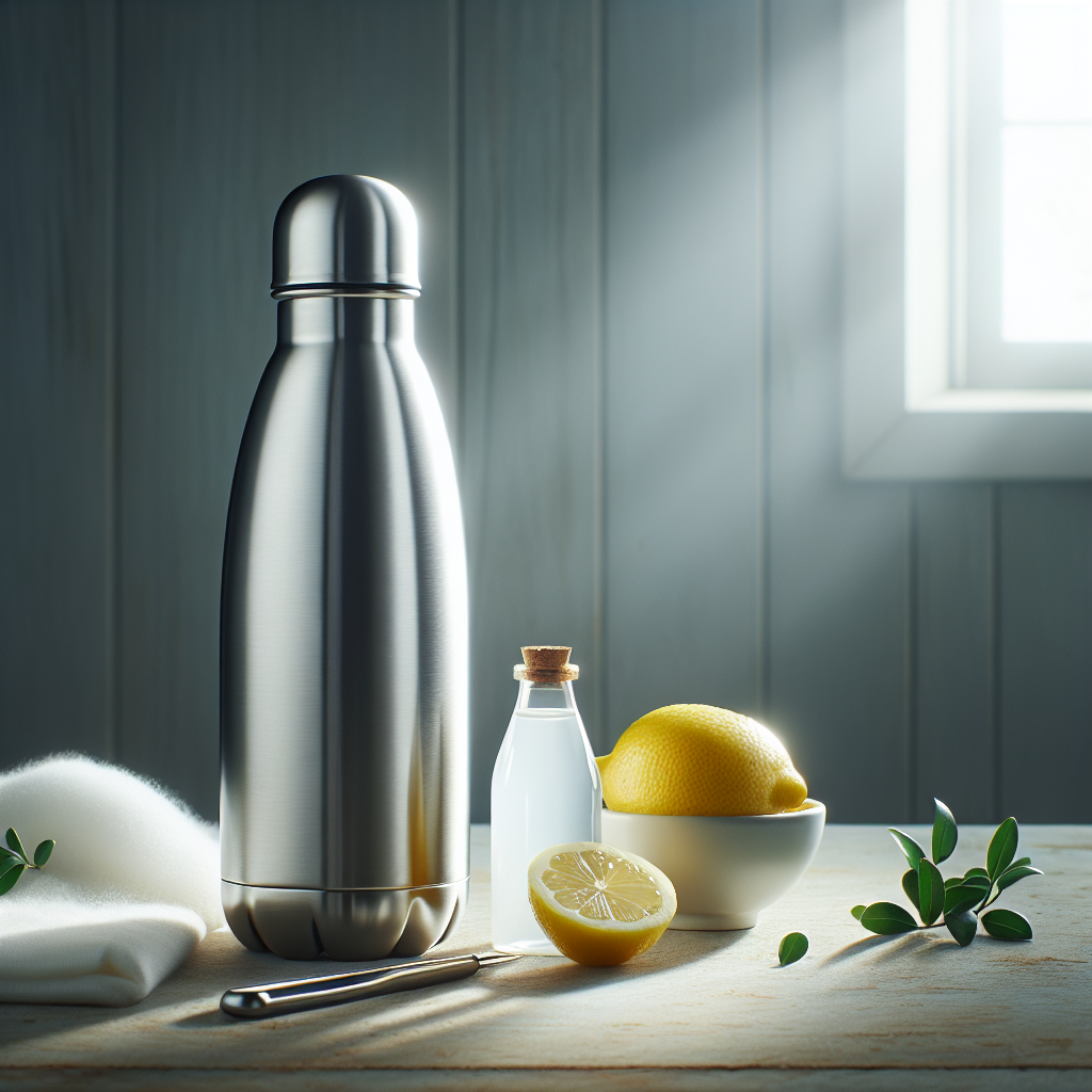 A sparkling clean and shiny stainless steel thermos, standing on a natural wooden countertop. Next to it, a small bowl with fresh lemon slices and a bottle of white vinegar are visible, symbolizing natural cleaning and freshness. Soft, natural light from a window illuminates the scene, conveying a sense of renewed purity and cleanliness.