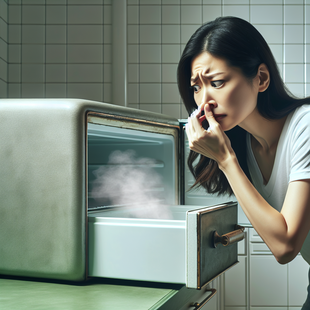 A person, slightly recoiling and holding their nose, looking into an open, older-model freezer that emits a subtle, unpleasant, almost visible green-grey mist. The background is a clean, modern kitchen. Realistic photography, natural lighting.