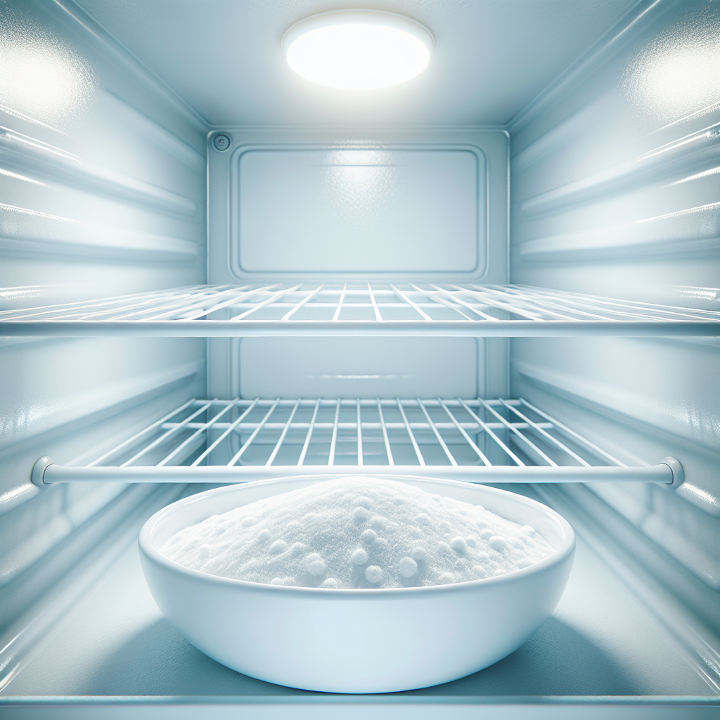 A sparkling clean, defrosted freezer interior, brightly lit, with a small white ceramic bowl of baking soda placed neatly on the bottom. The inside walls are pristine white, and there's a faint sense of freshness. Realistic photography, natural light.