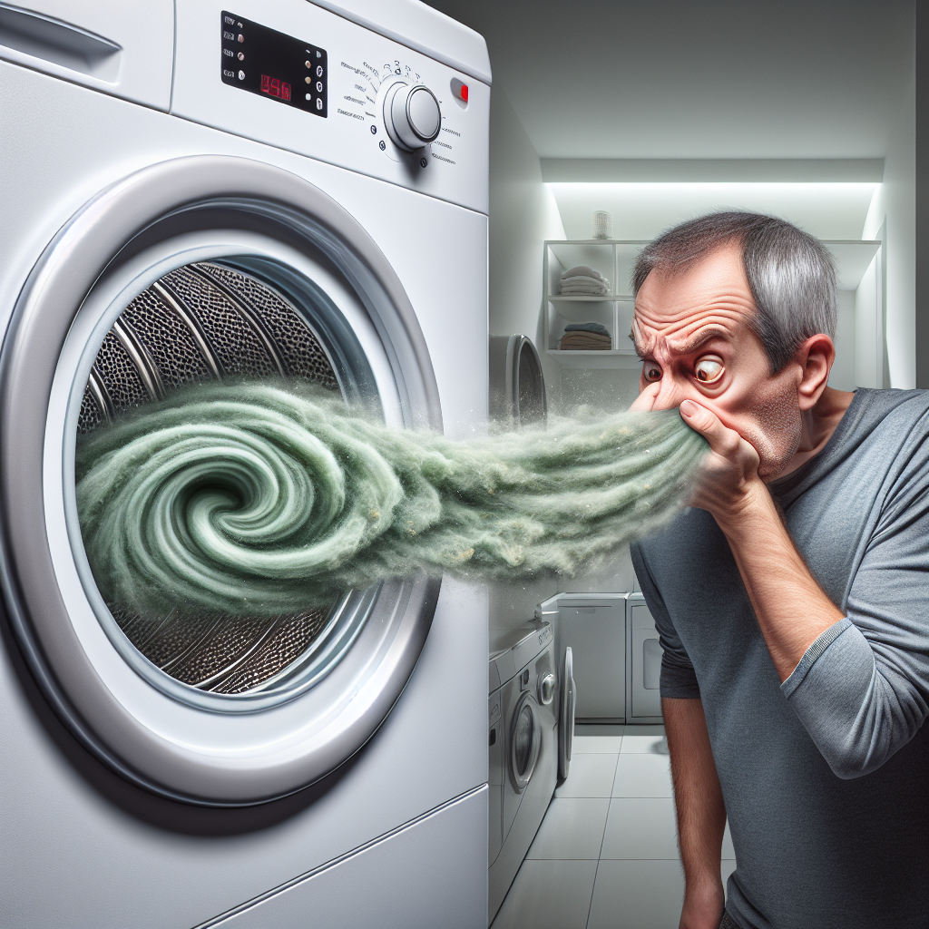 A person with a slightly disgusted expression is opening a modern clothes dryer. A swirling cloud of visible, unpleasant greenish-grey odor fumes is clearly wafting out from the dryer drum towards their face. The dryer interior shows a hint of lint and moisture. The background is a clean, bright laundry room. Realistic photography, high detail.