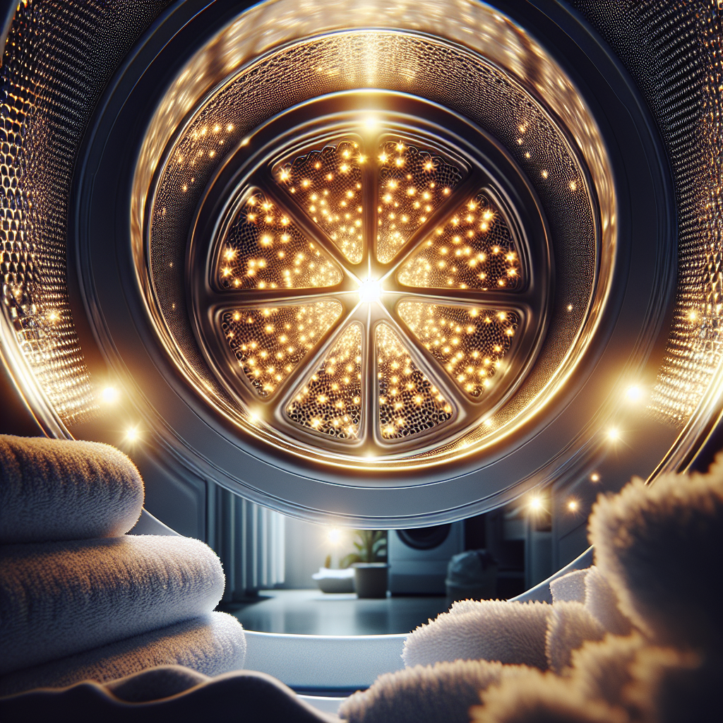 A close-up, clean and bright interior view of a modern clothes dryer drum. The focus is on a perfectly spotless, freshly cleaned lint filter, glistening under soft light. The drum itself is immaculate, reflecting cleanliness and hygiene. In the soft-focus background, a stack of freshly laundered, white towels suggests a successful, fresh result. Realistic photography, inviting atmosphere.