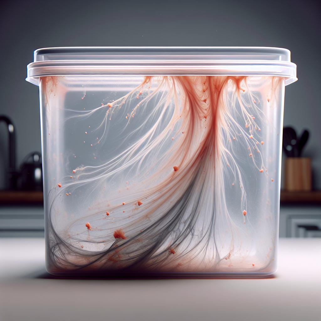 A close-up, realistic image of an open, clear plastic food storage container (Tupperware style). Inside, there are subtle reddish-orange stains from past food, and faint, greyish, unpleasant odor wisps are visibly rising from the container, suggesting a persistent smell. The background is a blurred kitchen counter. Studio lighting.