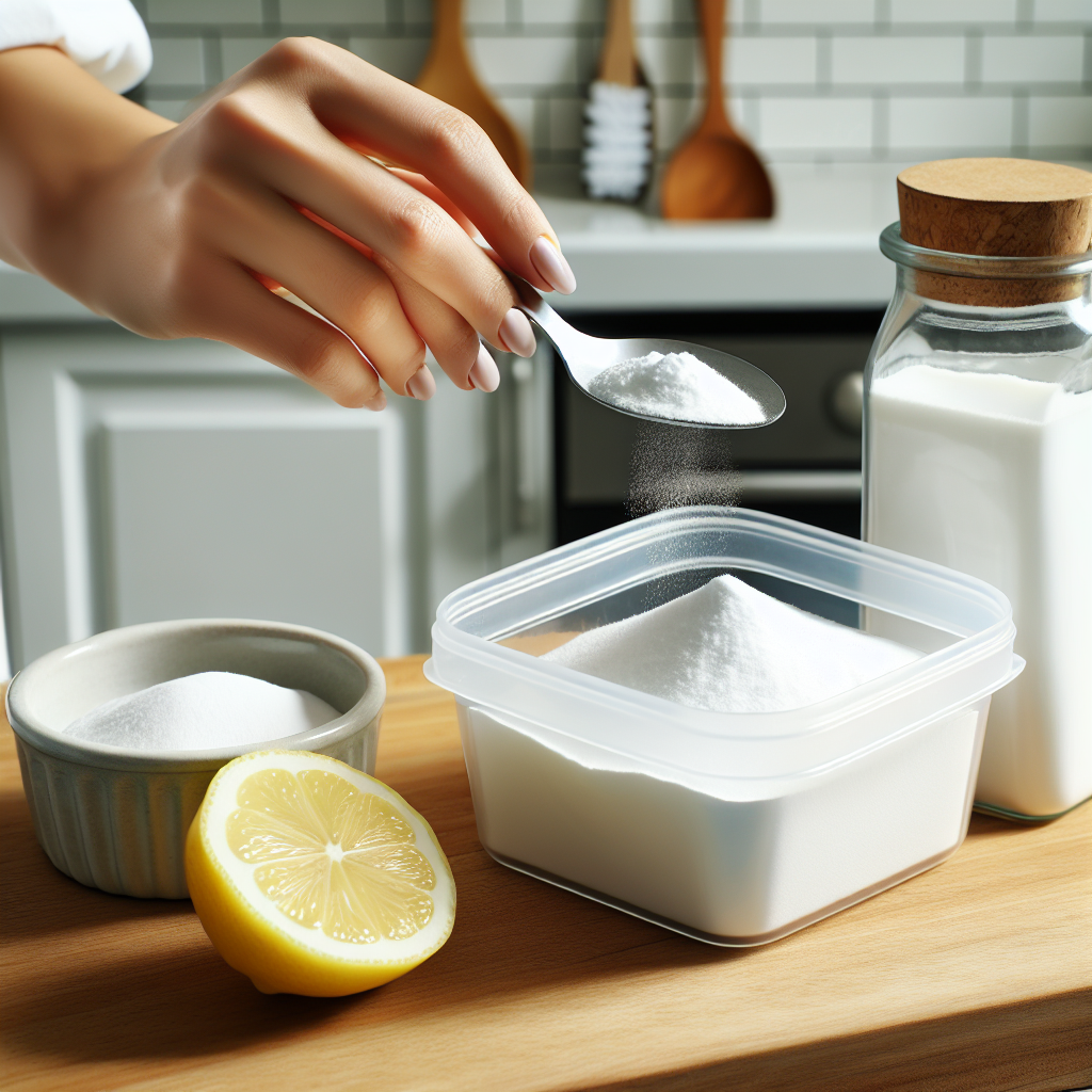A bright, clean, top-down shot in a modern kitchen. A hand is sprinkling white baking soda powder from a spoon into an open, clean clear plastic food storage container (Tupperware style) that sits on a light wooden kitchen counter. A small bowl of baking soda and a sliced lemon are subtly visible nearby, suggesting natural home remedies for cleaning.