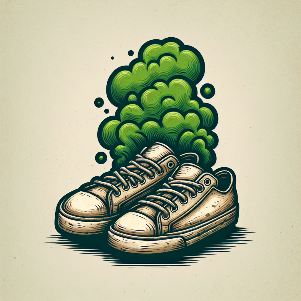 A pair of old, worn sneakers emitting a visible, stylized green odor cloud, depicted in a slightly cartoonish yet realistic style, set against a muted, somewhat dingy background to emphasize the unpleasant smell.