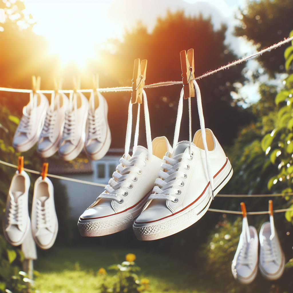 A pair of sparkling clean, white sneakers hanging by their laces on a clothesline outdoors on a sunny, breezy day. The image should convey a sense of freshness, cleanliness, and natural drying, with bright, inviting lighting.
