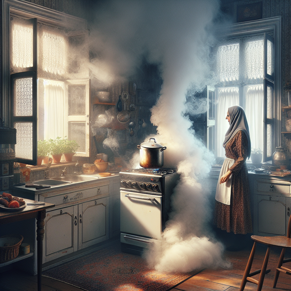 A slightly smoky kitchen scene after food has burnt. A stove with a smoking pot is in the foreground, and open windows reveal an attempt to ventilate. A person looks subtly frustrated by the persistent, acrid smell, which is visually represented by a very light, almost transparent haze in the air. Realistic, with a focus on conveying an unpleasant atmosphere.