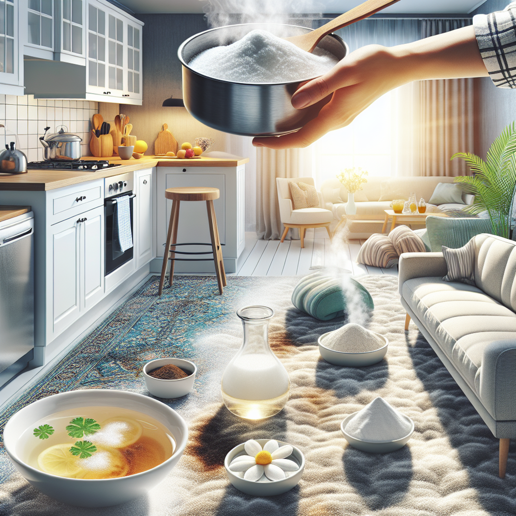 A bright, clean living space and kitchen, showcasing various natural remedies effectively neutralizing a lingering burnt smell. In the kitchen, a bowl of vinegar water sits on a counter, and a pot of steaming vinegar water is on the stove. In the living room, small plates of fresh coffee grounds are discreetly placed, and a hand is seen sprinkling baking powder onto a textile carpet or sofa. The overall mood is fresh, airy, and hopeful, with sunlight streaming in.
