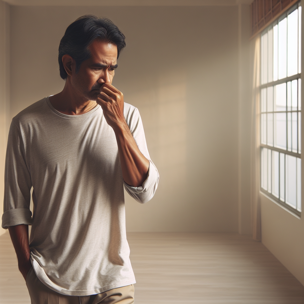 A person, slightly frowning and holding their nose, stepping into a minimalist, empty apartment room. The room has a subtle, almost invisible haze or a slightly yellowish tint in the air, hinting at lingering unpleasant odors like cigarette smoke or mustiness. The overall mood is one of initial disappointment despite the empty space. Realistic photo, soft natural light through a window.