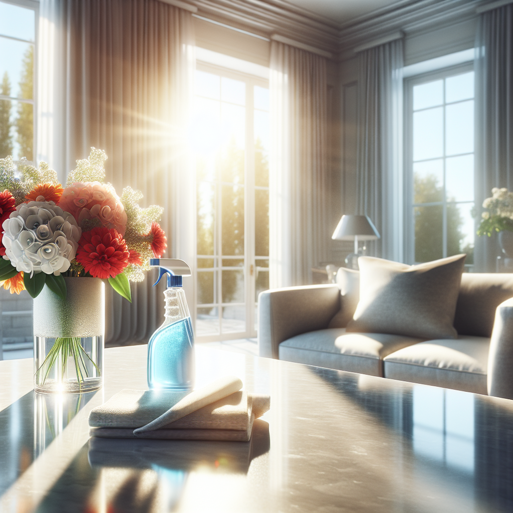 A bright and airy living room in a newly cleaned apartment. Sunlight streams through an open window, revealing no dust or haze. A spray bottle and a clean cloth rest on a sparkling tabletop, and fresh flowers are in a vase, symbolizing a new beginning. The atmosphere is pristine, fresh, and inviting. Realistic photo, clean aesthetic.