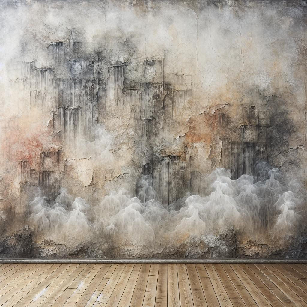 A detailed, realistic photograph of a section of an old apartment wall. Visible subtle stains and textures hint at absorbed odors like nicotine or dampness. Ethereal, translucent wisps of grey and brownish 'smell' are subtly rising from the wall surface, creating a slightly oppressive and stale atmosphere. Natural, muted light.
