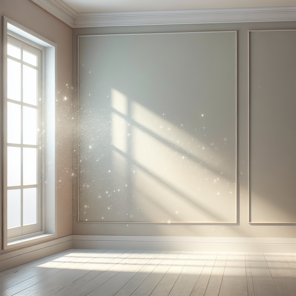 A vibrant, clean photographic image of a wall in a renovated home. The wall is painted in a light, neutral color, appearing fresh and pristine. Sunlight floods the room through an open window, creating a bright, airy atmosphere. Subtle, almost imperceptible visual cues for 'fresh air' or a 'clean scent' could be implied, such as sparkling light particles in the air. A feeling of renewal and pleasantness.