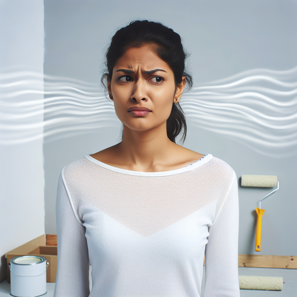 A person, looking slightly uncomfortable and wrinkling their nose, stands in a freshly painted modern room. Subtle, almost imperceptible wavy lines or a faint hazy aura emanate from the walls, visually representing unpleasant paint fumes. Paint cans and a roller are visible in the background. Realistic, blog-style photography.