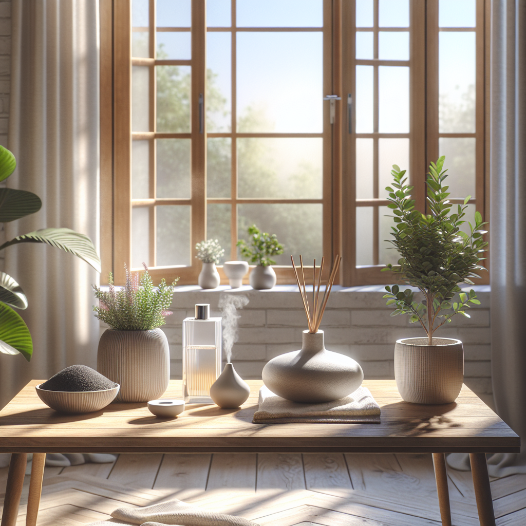 A bright, clean, and airy modern room with an open window, allowing a gentle breeze and warm sunlight to stream in. Elements like a bowl of activated charcoal, a small potted plant, and a diffuser are subtly placed on a table, symbolizing a fresh, odor-free environment. Inviting and pristine, realistic, blog-style photography.