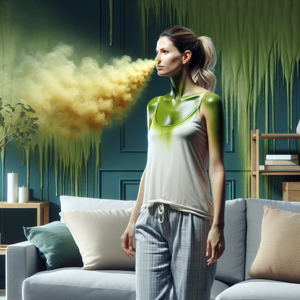 A modern, freshly painted living room, but the air is visibly thick with an unpleasant, wavy, green-yellow odor emanating from the walls. A person in their 30s looks visibly uncomfortable, holding their nose, conveying a strong paint smell. Realistic, atmospheric, with a slightly exaggerated visual representation of the odor.