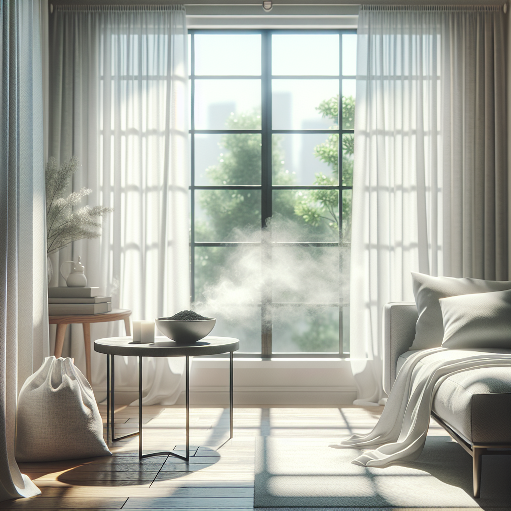 A bright, clean, and airy living room with a wide-open window and sheer curtains gently blowing in a fresh breeze. Sunlight fills the room, creating an atmosphere of purity and relief. A subtle detail like a small bowl of activated charcoal or coffee grounds on a table. Emphasize freshness and a pleasant environment. Realistic, inviting.