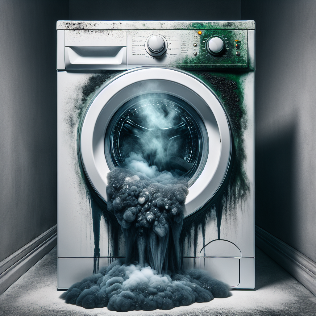 A front-loading washing machine with its door slightly open, revealing a dark, grimy interior and a visible cloud of foul-smelling, greenish vapor wafting out. The rubber seal is coated in black mold and mildew. The scene evokes a strong sense of unpleasant odor and neglect. Realistic, high-contrast photograph.