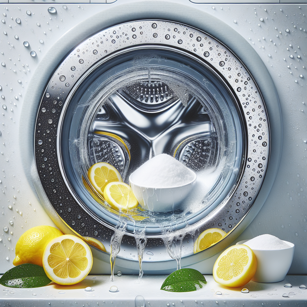 A pristine, sparkling clean washing machine drum, glistening with water droplets, with fresh lemon slices and a small bowl of white baking soda placed neatly inside. Bright, airy lighting highlights the machine's cleanliness and freshness. The scene conveys a sense of hygienic cleanliness and pleasant scent. Professional product photography style.