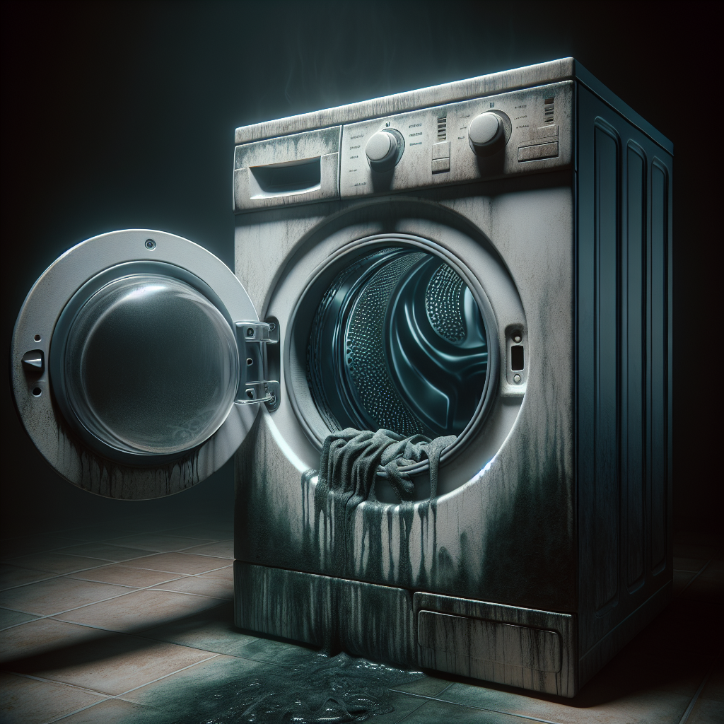 A front-loading washing machine with its door slightly ajar, revealing a dark, slightly grimy interior. Greenish-brown, hazy fumes are visibly emanating from the drum and detergent drawer, symbolizing an unpleasant, musty odor. The overall scene is dimly lit, emphasizing the problem. Realistic photo.