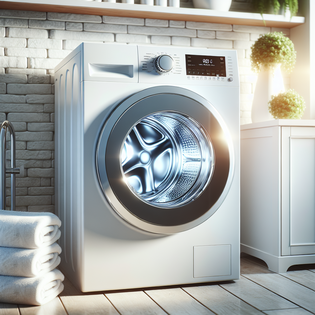 A sparkling clean and gleaming white front-loading washing machine in a bright, modern laundry room. The machine's drum is visibly pristine and fresh. A stack of fluffy, clean white towels is neatly folded on a nearby shelf, and sunlight streams in through a window, creating an inviting and fresh atmosphere. Realistic photo.