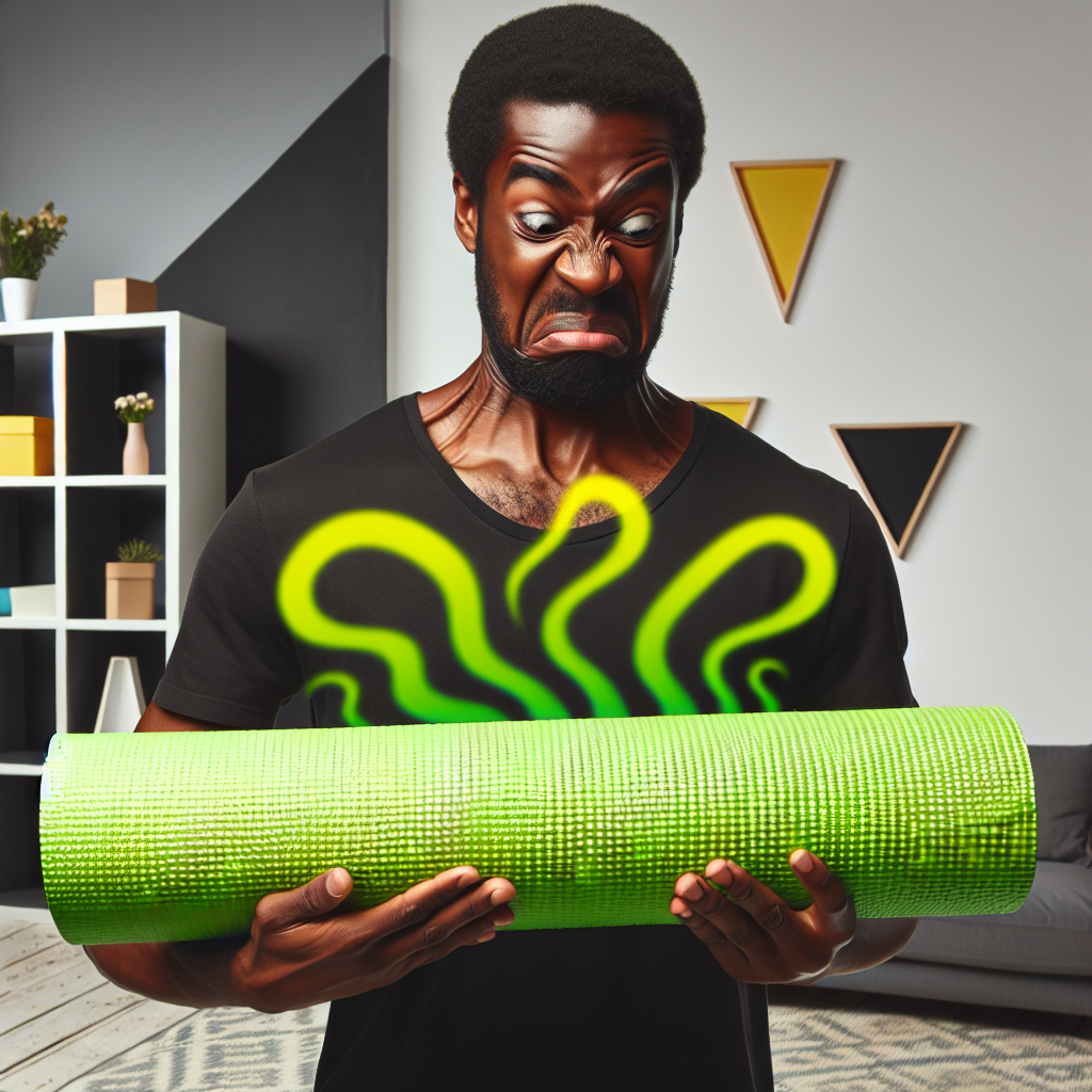 A person with a displeased expression holds a brand new, generic plastic item like a yoga mat or a shower curtain. Visible, slightly greenish, wavy lines representing an unpleasant chemical, sweet-ish smell emanate strongly from the item and fill the air around them. The setting is a clean, modern home interior, emphasizing the immediate discomfort of a strong, artificial odor.