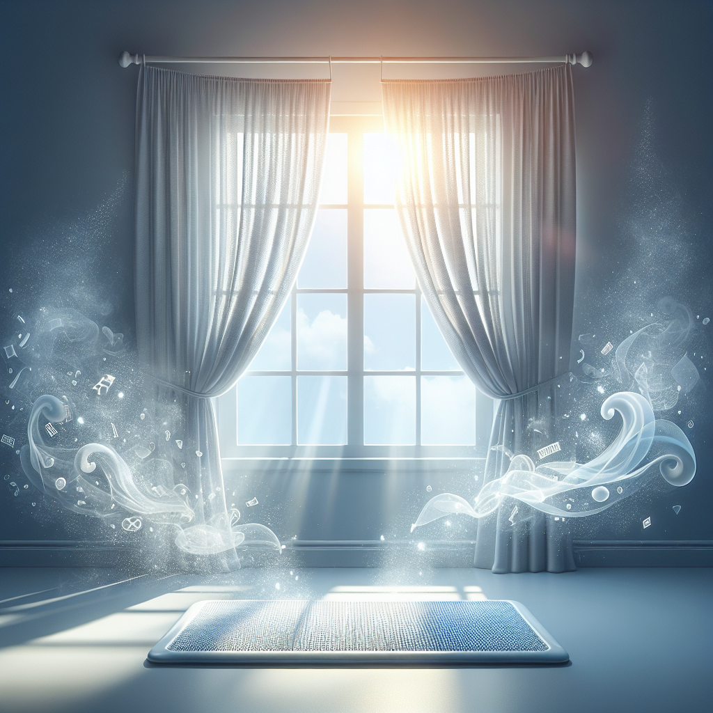 A bright and airy room with a wide-open window, where sheer curtains gently billow in a fresh breeze. Natural sunlight streams in, illuminating a generic plastic item (like a small mat or piece of synthetic fabric) placed on a windowsill, clearly being aired out. Subtle, abstract white or blue wisps represent clean, fresh air circulating, signifying the successful removal of unpleasant odors and a feeling of relief.