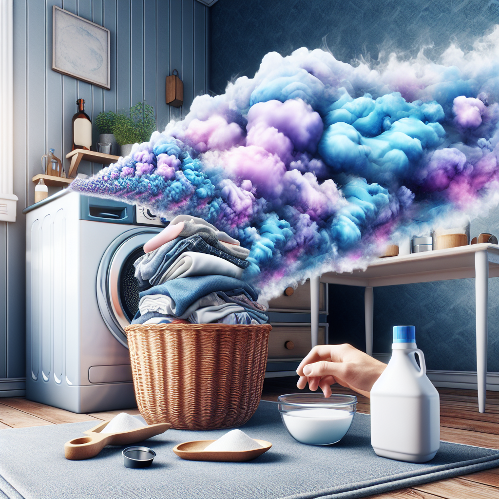 A laundry room scene with a pile of freshly washed clothes in a basket. A visually strong, almost oppressive cloud of artificial, sweet-smelling purple and blue scent is visibly emanating from the clothes, overwhelming the space. In the foreground, a hand is reaching towards a bottle of white vinegar and a small bowl of baking soda, positioned as simple, natural solutions. The scene should convey the intensity of the unwanted scent and the promise of a natural remedy. Realistic, detailed, with a slight touch of surrealism for the scent cloud.