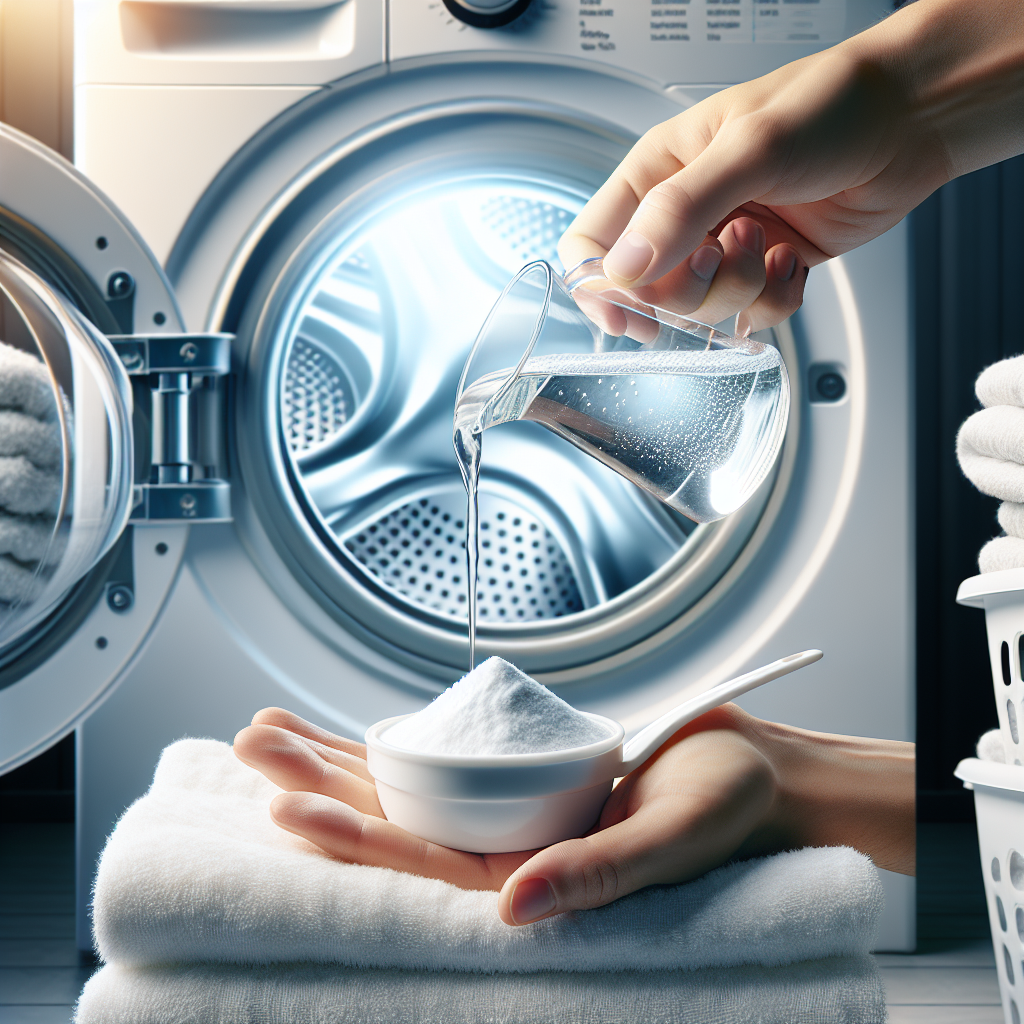 A close-up shot of a washing machine's detergent dispenser, with a hand pouring a clear liquid (representing vinegar) into the fabric softener compartment. Next to it, a small heap of white powder (representing baking soda) on a measuring spoon. In the background, slightly out of focus, clean, white, neutral-smelling towels are neatly folded or hanging on a drying rack, symbolizing the successful removal of strong odors. The overall aesthetic is clean, bright, and practical, emphasizing simple household solutions.
