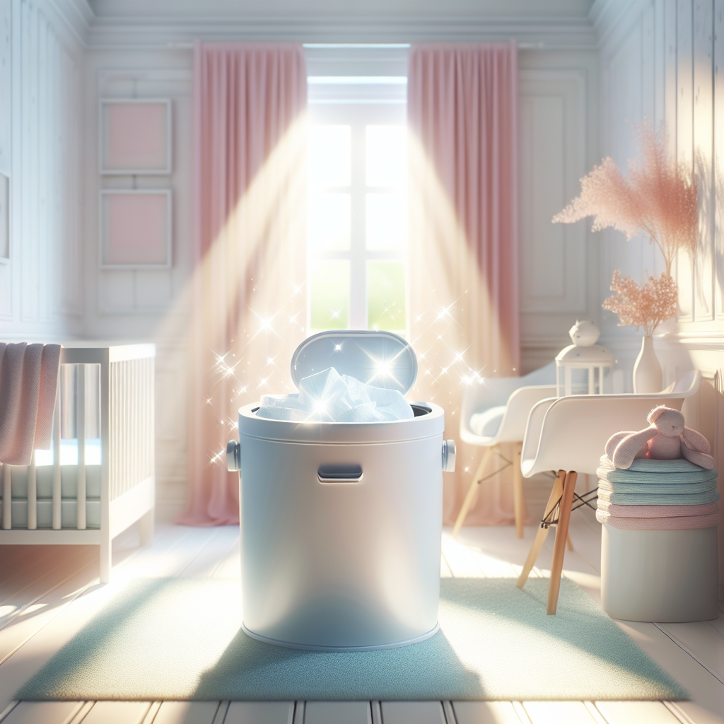 A modern, clean baby nursery with a sparkling white diaper pail. Sunlight streams through a window, illuminating a subtle, fresh glow around the pail, symbolizing freedom from odors. A sense of calm and hygiene pervades the pastel-colored room.