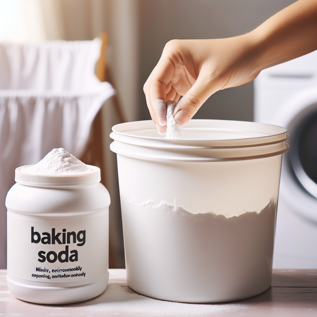 Close-up shot of a hand gently sprinkling white baking soda powder into the bottom of a clean, empty diaper pail. A small, eco-friendly container of baking soda is visible next to the pail. The background is softly blurred, suggesting a tidy laundry room or bathroom.