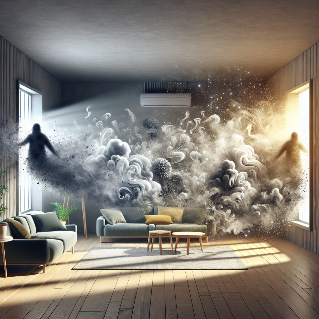 A conceptual image illustrating the removal of unpleasant odors from a home: shadowy, gray, smoke-like bad smells are visibly dissipating and being drawn out of an open window of a modern, bright apartment living room, while sparkling, clean fresh air enters. The room interior remains inviting and tidy. Emphasize the contrast between the dark, departing smells and the bright, incoming freshness. Clean aesthetic, soft diffused light.