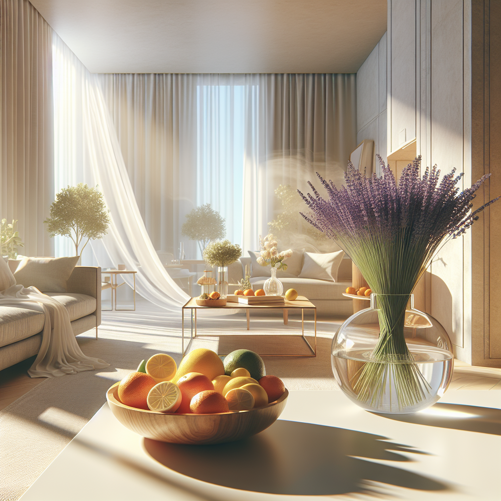 A serene and immaculately clean apartment living room, bathed in abundant natural light, creating an atmosphere of freshness. Subtle visual cues of pleasant aromas are present: a clear glass vase holding fragrant lavender sprigs, a polished wooden bowl filled with vibrant citrus fruits (lemons, oranges) on a coffee table, and sheer white curtains gently swaying from a slight breeze through an unseen open window. Modern, minimalist interior design, soft pastel color palette, inviting and airy mood.