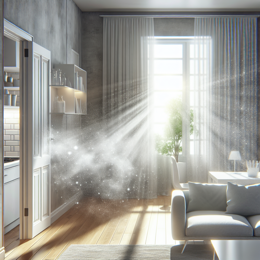 Photorealistic image of a bright, modern apartment living room. On one side of the room, near a subtle, out-of-focus kitchen entrance, there's a barely perceptible, misty aura of dull, muted grey tones, representing unpleasant odors. This aura is being actively pushed away by a strong, refreshing beam of sunlight streaming through an open window on the opposite side, illuminating crystal-clear, vibrant air. The overall scene conveys a powerful transformation from stale to utterly fresh and clean, highlighting a sense of purity and comfort.