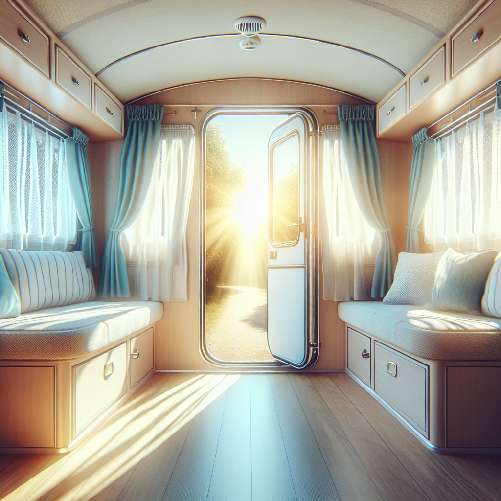 A bright, inviting caravan interior with large windows and an open door, allowing abundant sunlight and a gentle breeze to stream in. The air inside appears visibly fresh and clear, creating a sense of calm and cleanliness. High-quality photo.