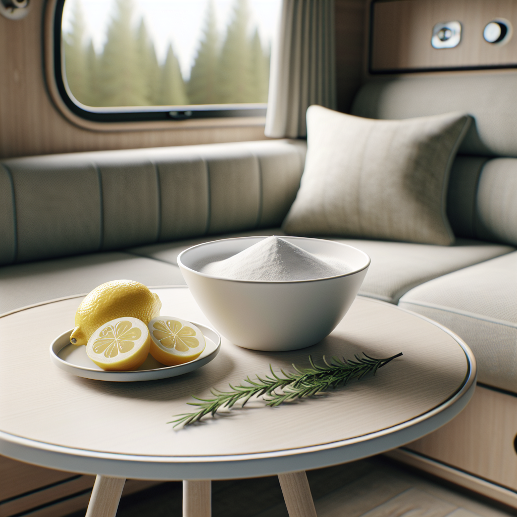 A close-up shot inside a modern, clean caravan interior. On a small, light-colored table, there's a simple white bowl filled with baking soda, a few freshly cut lemon slices, and a small sprig of rosemary. The background is softly blurred, hinting at the cozy caravan setting, emphasizing natural and effective odor removal. High-quality photo.