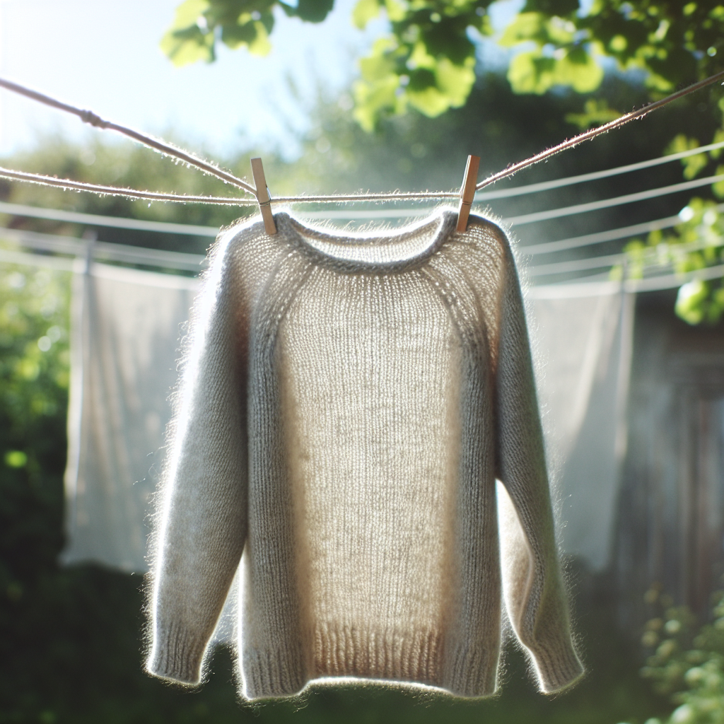 A cozy, soft natural wool sweater, light grey or cream-colored, hanging gracefully on an outdoor clothesline. A gentle breeze subtly moves it, with soft sunlight highlighting its texture. The background features blurred green foliage or a clear sky, conveying a sense of freshness, cleanliness, and natural ventilation. High-quality photography, bright and airy.