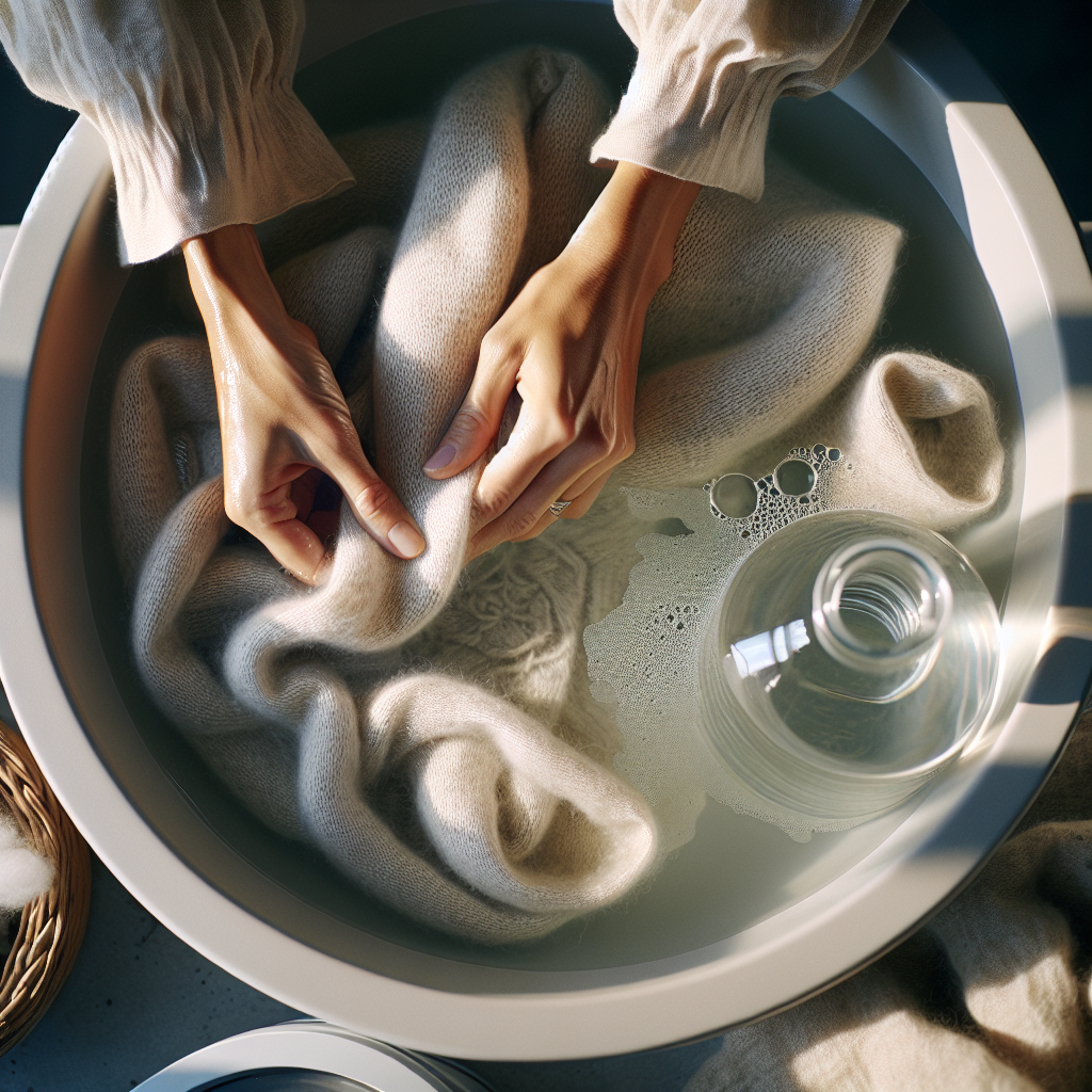 Close-up, top-down shot of hands gently immersing a folded, soft natural wool garment into a clear, shallow basin filled with warm water. A glass bottle of clear white vinegar is visible on the edge, with a slight ripple in the water where a drop might have just fallen in. The setting is a clean, bright, modern laundry room or bathroom. Emphasize the texture of the wool and the gentle, caring process of a home remedy. High-quality, clean aesthetic, natural light.
