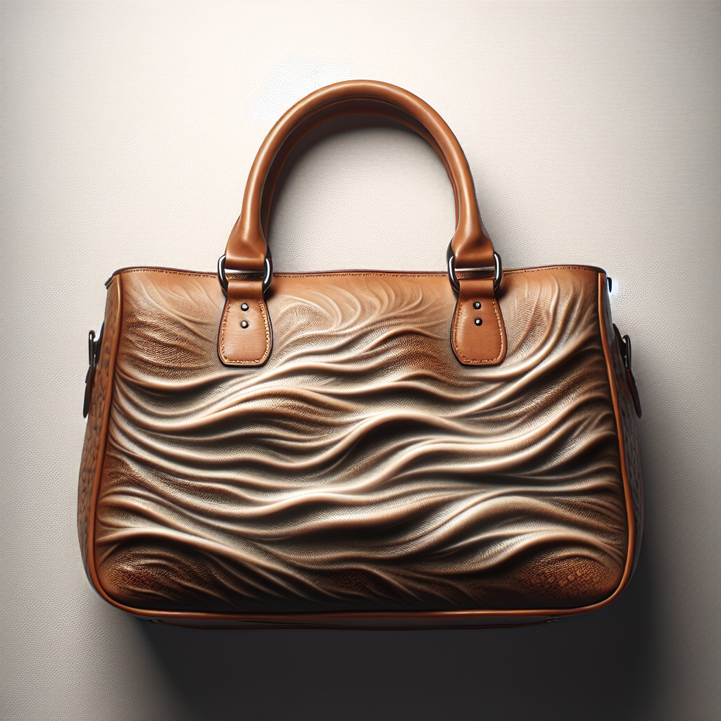 A brand new, stylish goatskin leather handbag lying on a clean surface, with a subtle, almost invisible 'wave' or faint cloud effect above it, hinting at a strong, unpleasant smell. The leather should show its characteristic texture and quality, but the overall mood should convey the problem of an intense odor. Realistic style, professional blog photography look.
