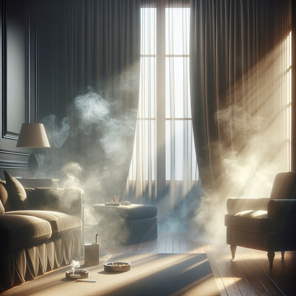 A living room interior, subtly filled with a faint, yellowish haze of cigarette smoke, clinging to dark fabric curtains and upholstered furniture. The air feels heavy and stale, with a visible, unpleasant atmosphere. Sunlight struggles to penetrate. Realistic photo.