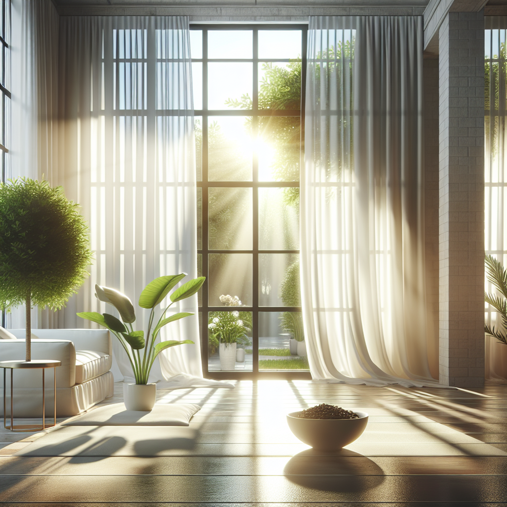 A bright, airy living room interior with wide-open windows, white sheer curtains gently fluttering in the fresh breeze. Sunlight streams in, illuminating dust-free surfaces. A small bowl of coffee grounds is subtly placed on a table, and a vibrant green houseplant adds to the freshness. Sense of cleanliness and renewal. Realistic photo.