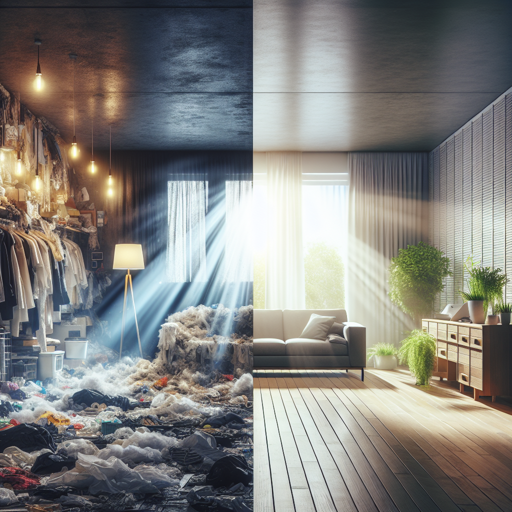 A powerful visual depicting a transformation. On the left side of the image, a room appears slightly dim, cluttered, and with a heavy, stuffy atmosphere, subtly suggesting unpleasant odors. On the right side, the exact same room is brightly lit by natural sunlight, impeccably clean, minimalist, and filled with a feeling of crisp, fresh air. A distinct, almost invisible dividing line separates the 'before' and 'after' states, emphasizing the complete neutralization of odors. High-quality, realistic style.