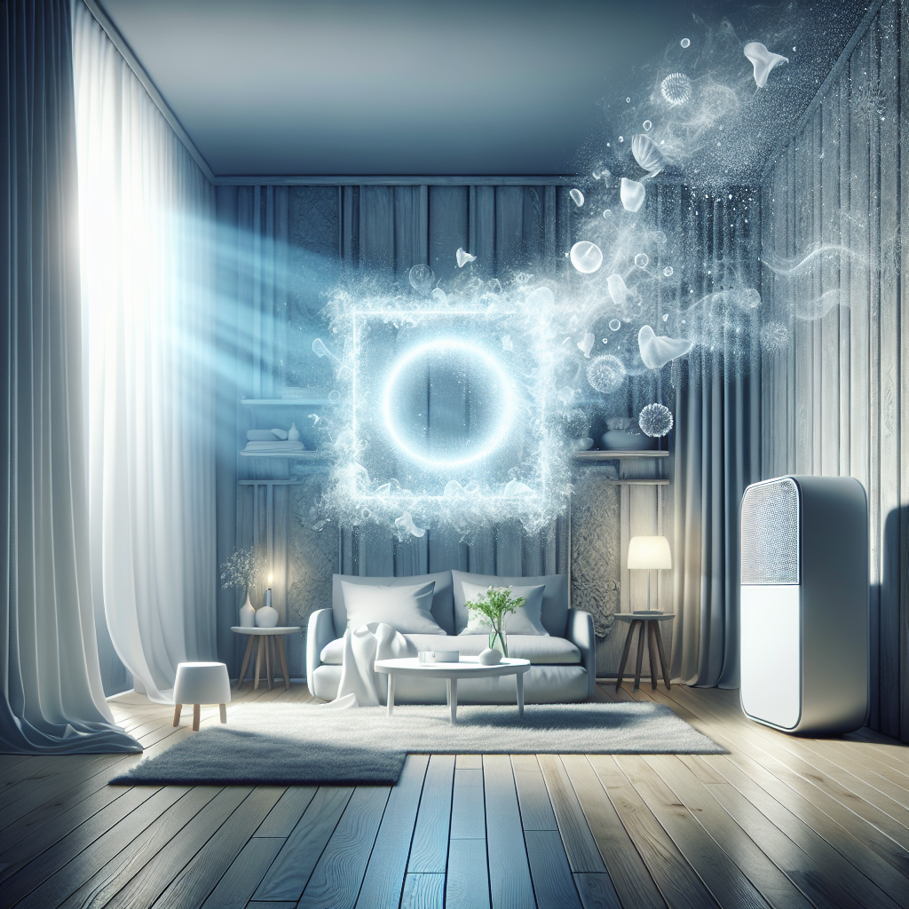 An image conveying ultimate freshness and clarity in a clean, contemporary room. Gentle, almost ethereal light illuminates the space. In the foreground, a subtle visual metaphor for unpleasant odors is depicted as dissolving or dissipating into pure, invisible air, leaving behind an atmosphere of pristine cleanliness. Elements suggesting odor neutralization can be subtly included, such as a beam of sunlight purifying the air, or a tasteful, modern air purifier quietly at work. The feeling is one of peace and renewed air quality. Realistic, high-definition.