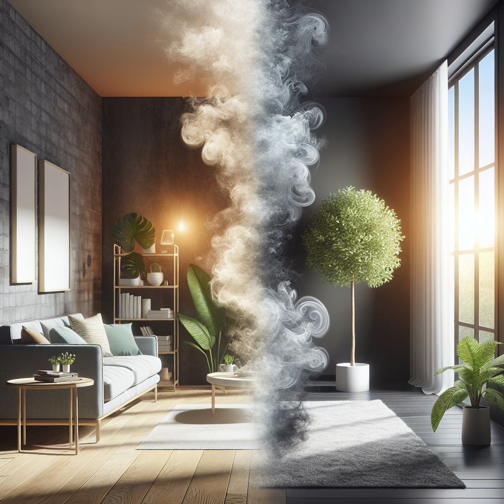 A cozy, modern living room interior. From the left, subtle, swirling greyish mist represents unpleasant odors. This mist is actively dissipating and transforming into bright, clean, and fresh air towards the right side of the room, where sunlight streams through a window illuminating a vibrant green plant. Focus on the visual transition from stale to fresh. High-quality realistic photography.