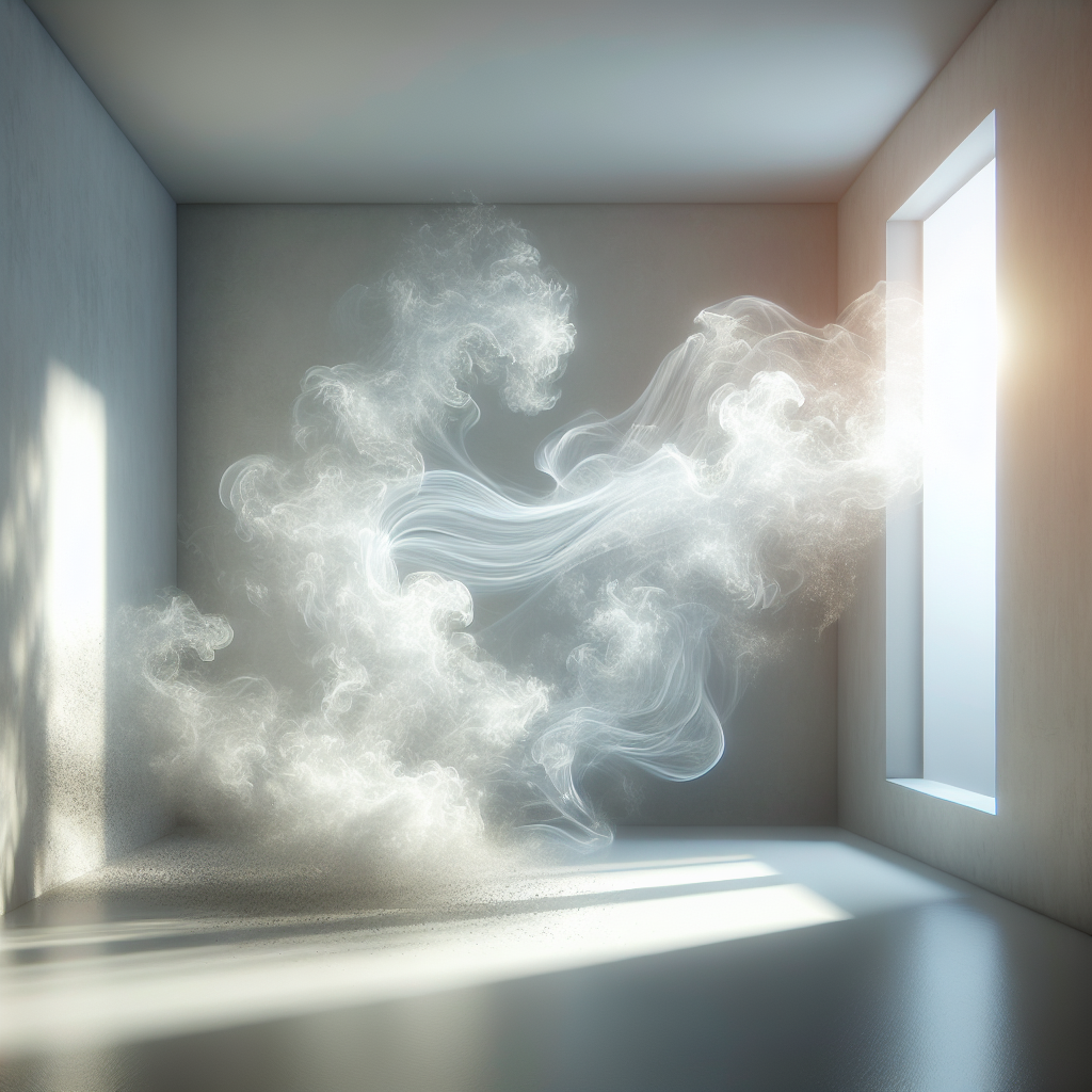 A minimalist, bright room interior bathed in soft, natural light. Abstract, faint dark tendrils or 'smoke' representing bad odors are gently being dissolved and absorbed by a soft, luminous aura of pure, clean air, creating a serene and utterly fresh atmosphere. Emphasize purity, light, and a sense of calm freshness. High-key, clean, modern aesthetic.