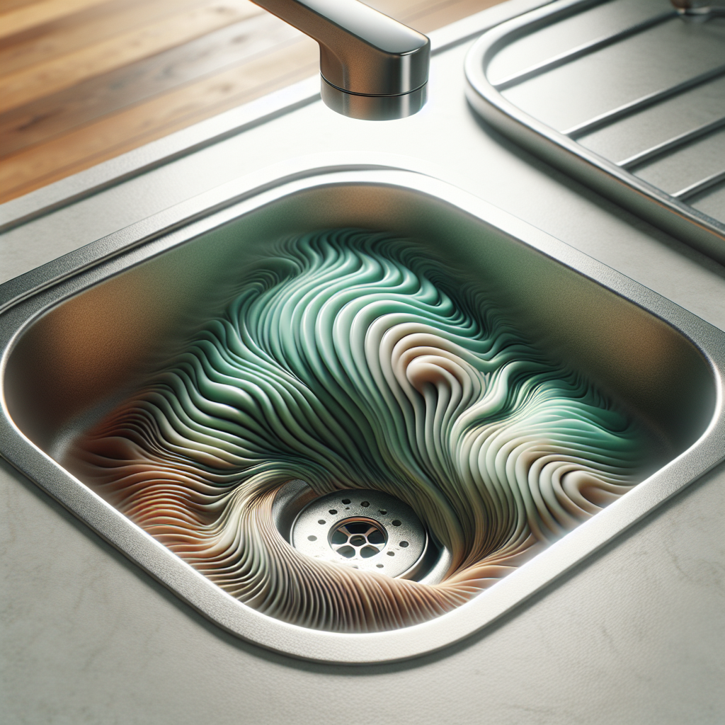 A close-up of a modern kitchen sink drain, from which a subtle, stylized green or brownish wavy vapor (representing unpleasant smell) is gently rising. The kitchen counter is clean, but the focus is on the drain and the visual representation of the odor, creating a slightly discomforting atmosphere. Soft, natural lighting. Realistic photo.