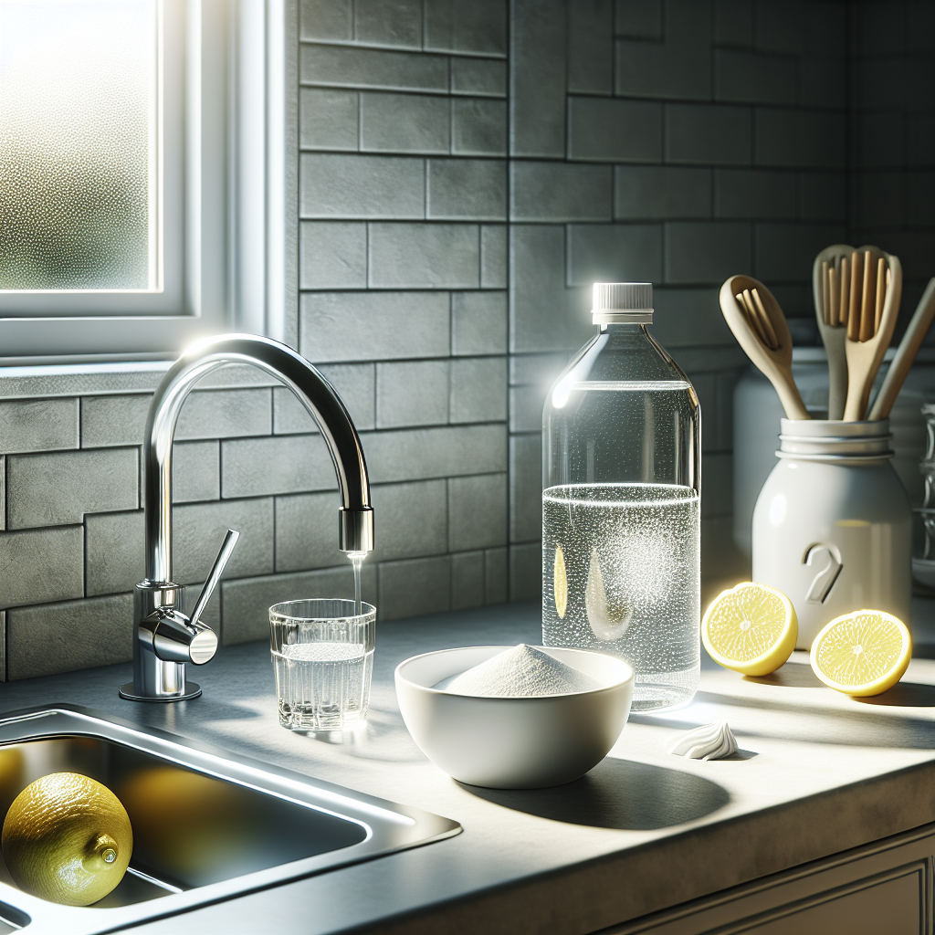 A bright, clean kitchen sink, with a bottle of white vinegar, a small bowl of baking soda, and a fresh lemon slice arranged neatly on the counter next to it. The sink is sparkling clean, and the overall scene conveys freshness and natural cleaning. Soft, diffused daylight. High-quality product photography style.