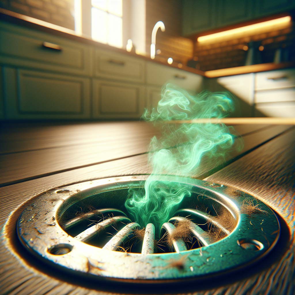 A detailed, realistic photograph showing a close-up of a kitchen sink drain. From the drain opening, stylized, swirling greenish-brown fumes are visibly rising, conveying a strong, unpleasant odor. Scattered strands of hair and a subtle grease film are visible around the drain cover, highlighting the cause of the smell. The lighting is slightly dim around the drain, contrasting with a clean, modern kitchen background.